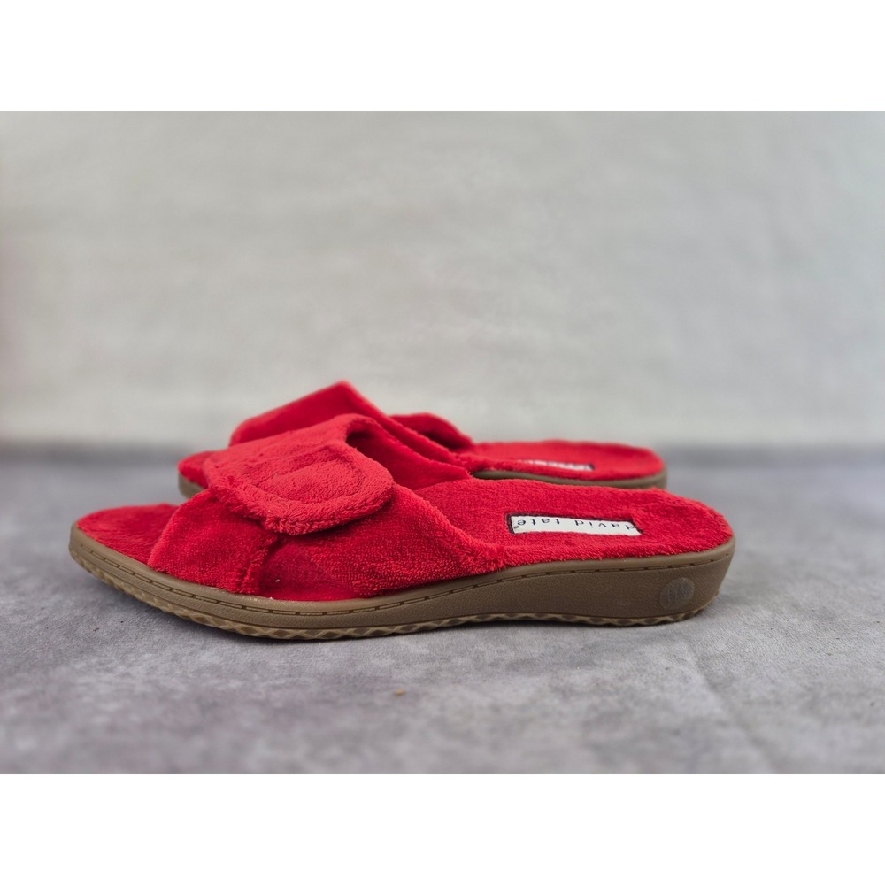 David Tate Cozy Red Terry Cloth Adjustable Strap Slide Slippers Womens 11M NWOB